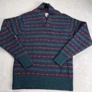 Racquet Vintage Green Blue Brown 100% Shetland Wool Sweater size Medium Striped